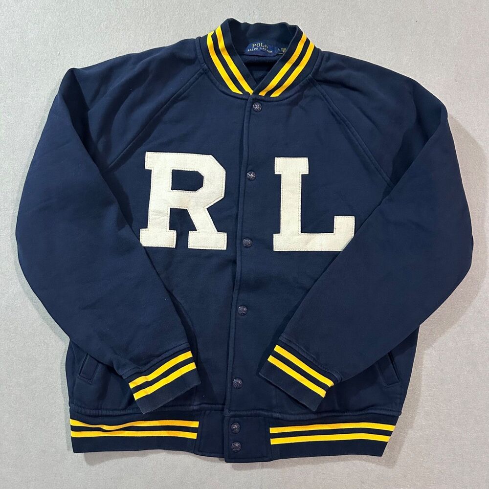 Polo Ralph Lauren Men Varsity Jacket L Large Fleece Navy Blue Yellow RL Spellout